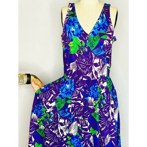 Vintage 80s 90s Purple Floral Day Dress Sz S Small Bright Tropical Button Front - Picture 2 of 8